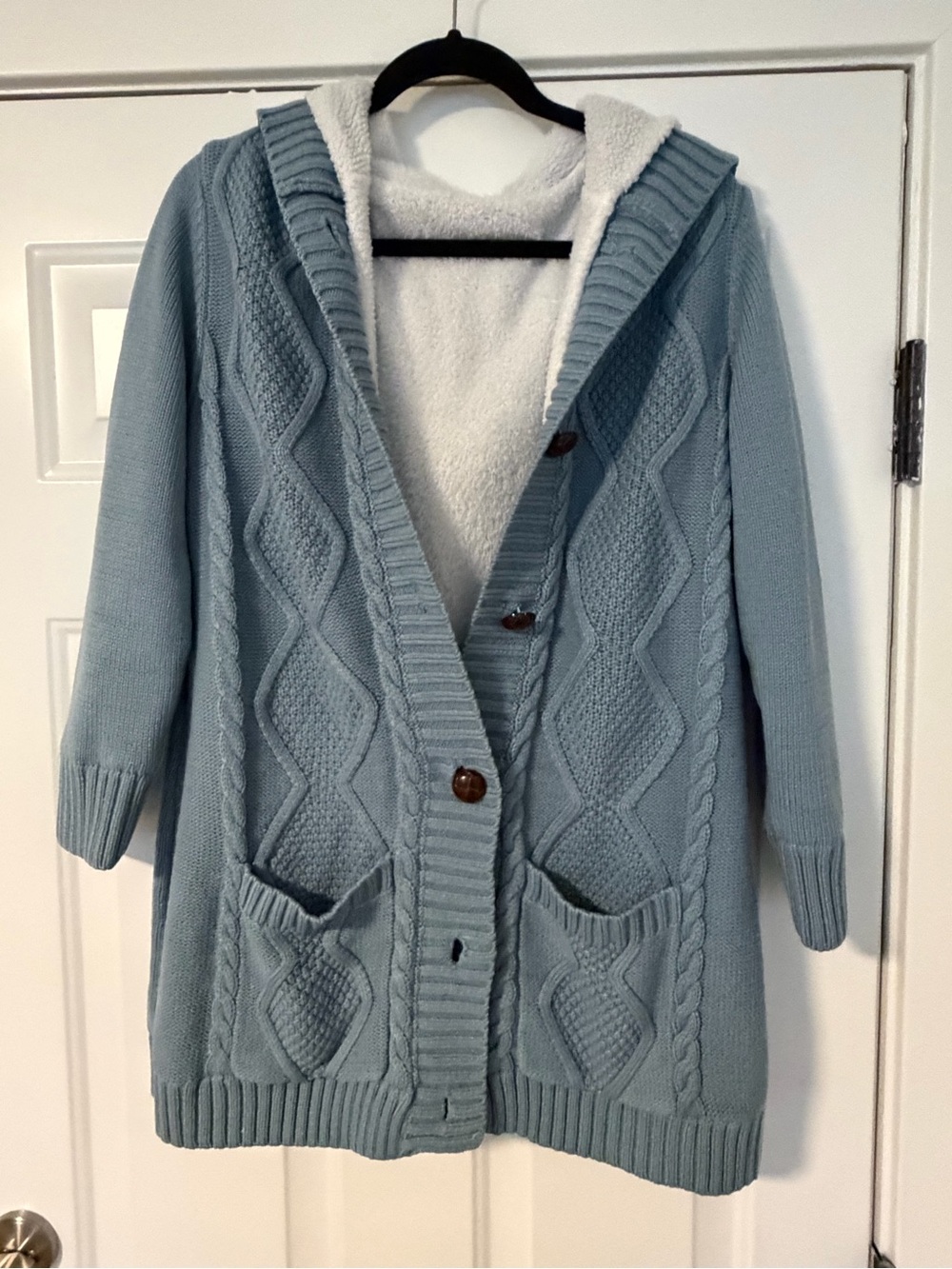Hooded Cable-Knit Sherpa-Lined Cardigan Sweater - Light Blue